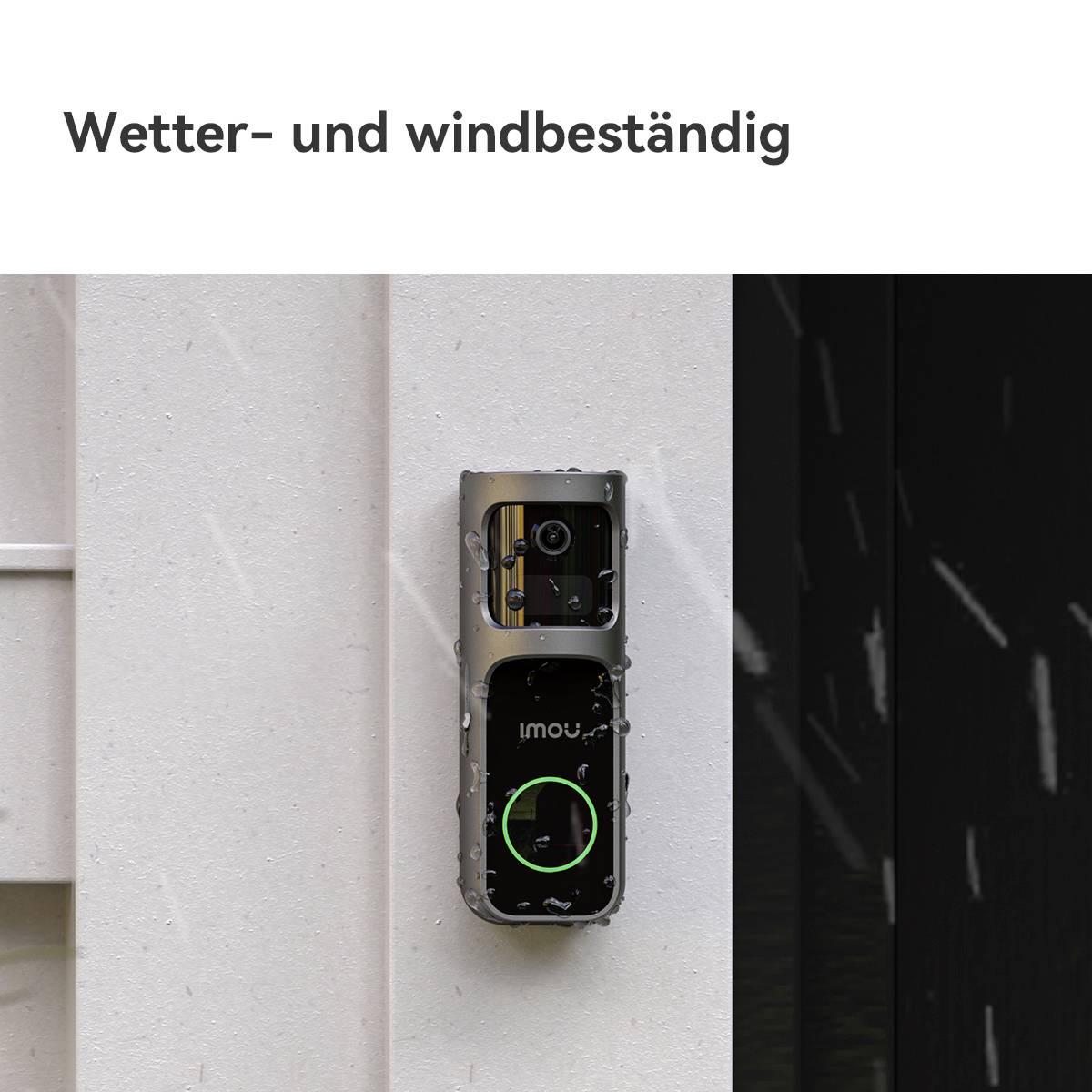 Eine Kamera-Gegensprechanlage ist an einer Wand montiert. Text oben: 'Wetter- und windbeständig'.