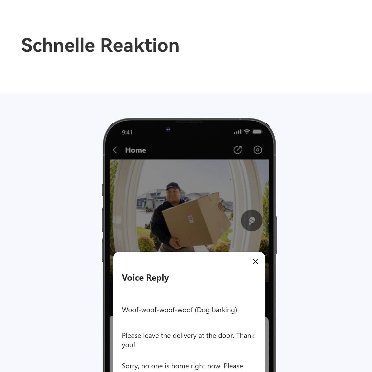 Ein Smartphone zeigt eine Voice-Chat-Nachricht: 'Wuff-Wuff' (Hund bellt). Im Hintergrund liefert ein Mann ein Paket.