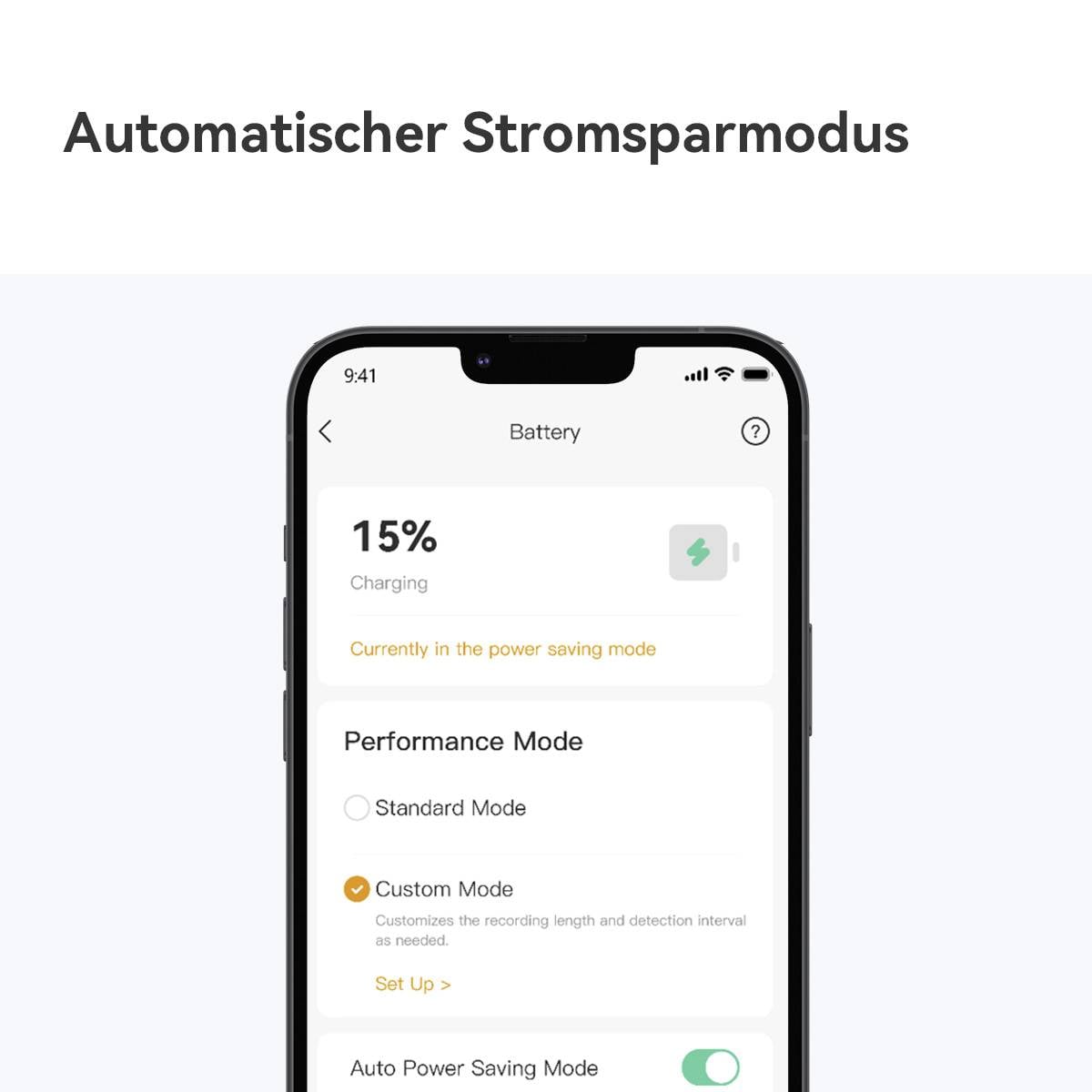Automatischer Stromsparmodus Bildschirm zeigt Batteriestatus auf iPhone. Batterie bei 15%, Anzeige der Modi: Performance, Benutzerdefiniert, Automatisch.