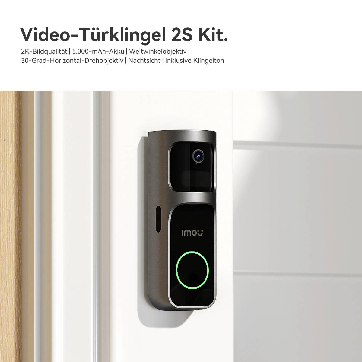 Video-Türklingel an einer Wand montiert, zeigt Kamera und Klingelknopf. Beschreibung: 'Video-Türklingel 2S Kit, 2K-Bildqualität, Nachtsicht'.