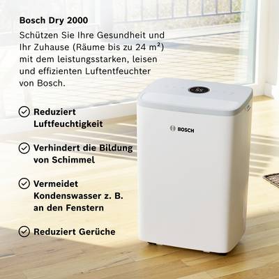 'Luftbefeuchter Bosch Dry 2000; reduziert Luftfeuchtigkeit, verhindert Schimmelbildung, vermeidet Kondenswasser, reduziert Gerüche.'
