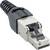 Ein schwarzer und silberner Netzwerkstecker mit Verriegelungsmechanismus, geeignet für Ethernet-Verbindungen, vor weißem Hintergrund.