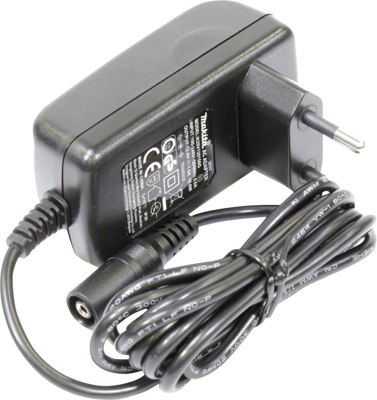 Schwarzes Netzteil mit europäischem Stecker, Aufkleber mit technischen Spezifikationen, Kabel aufgerollt und für elektronische Geräte geeignet.