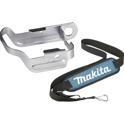 Werkzeughalter aus Metall und ein schwarzer Schultergurt mit blauem Makita-Logo.