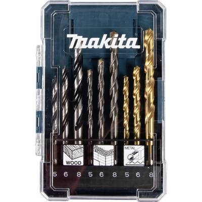 Ein Makita-Bohrer-Set mit mehreren Bohrern für Holz und Metall in einer transparenten Kunststoffbox, gekennzeichnet mit Bohrergrößen.