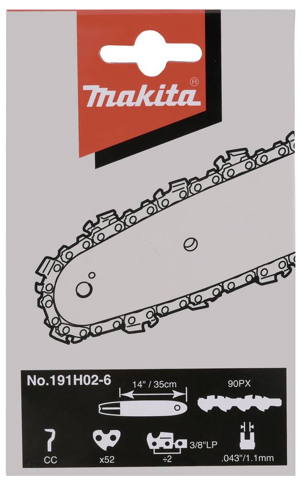 Ein Paket einer 14-Zoll-Makita-Kettensägen-Kette, Modell 191H02-6, mit folgenden Spezifikationen: 90PX, 3/8" LP, .043" Spurbreite, 52 Antriebsglieder.