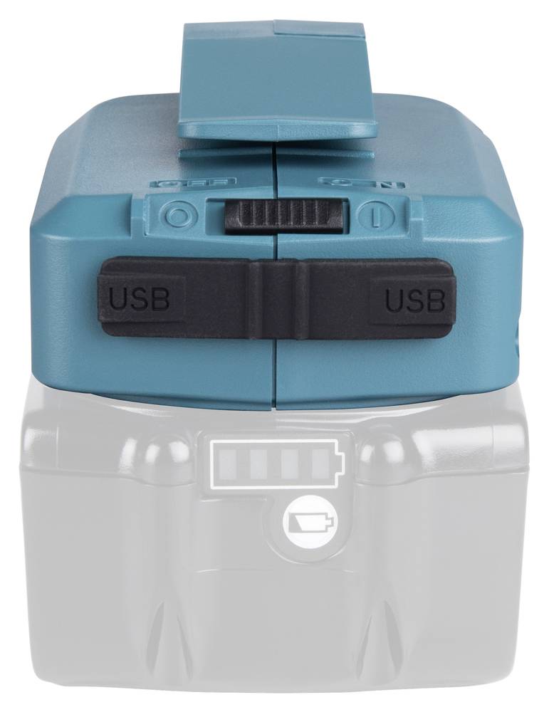Eine türkisfarbene Akku-Werkzeugbatterie mit zwei USB-Anschlüssen an der Oberseite, die eine Akkustandsanzeige mit Batteriesymbol zeigt.