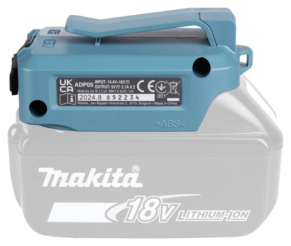 Ein türkisfarbener Makita 18V Lithium-Ionen-Akku mit Spezifikationsetikett, das die Kapazität von 5,0 Ah und Kompatibilitätsdetails enthält, entwickelt für Elektrowerkzeuge.