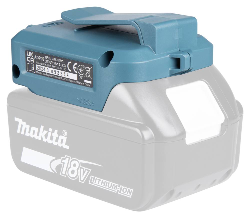 Eine graue und petrolblaue Makita 18V Lithium-Ionen-Batterie mit sichtbaren Markenzeichen und Spezifikationen an der Seite.