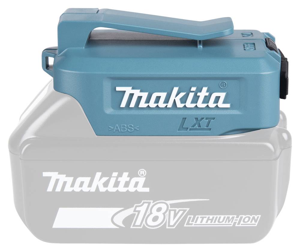 Ein blau-grauer Makita 18V Lithium-Ionen-Akkupack wird gezeigt, der das Produktdesign und die Markenidentität veranschaulicht.