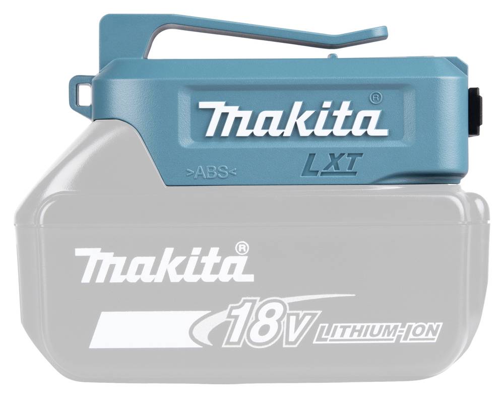 Eine blaue und graue Makita LXT 18V Lithium-Ionen-Akkupackung, die ihr kompaktes Design und Branding hervorhebt.