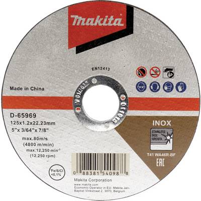 Trennscheibe von Makita, Inox, 125x1,2x22,23mm, max. 80m/s, hergestellt in China. Enthält Warnsymbole und Produkthinweise.