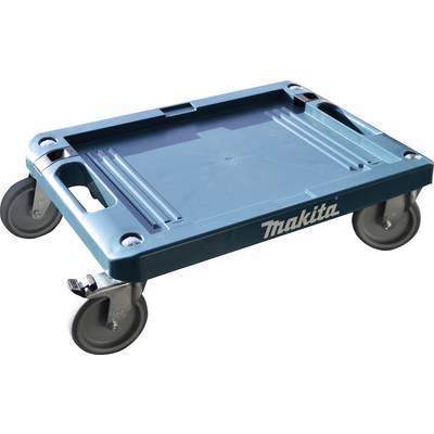 Ein rollbarer, robuster Plattformwagen in Türkis, mit vier drehbaren Rädern und dem 'Makita'-Logo an der Seite.