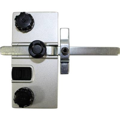 Metall-Hardware-Teil mit mehreren Einstellknöpfen und einem Hebelarm, möglicherweise für präzise mechanische Anpassungen.