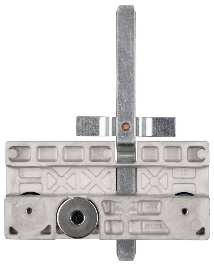 Verschlussmechanismus mit einem rechteckigen Metallrahmen und vorstehendem zentralem Stahlbolzen, der zu Sicherheitszwecken eingesetzt wird.