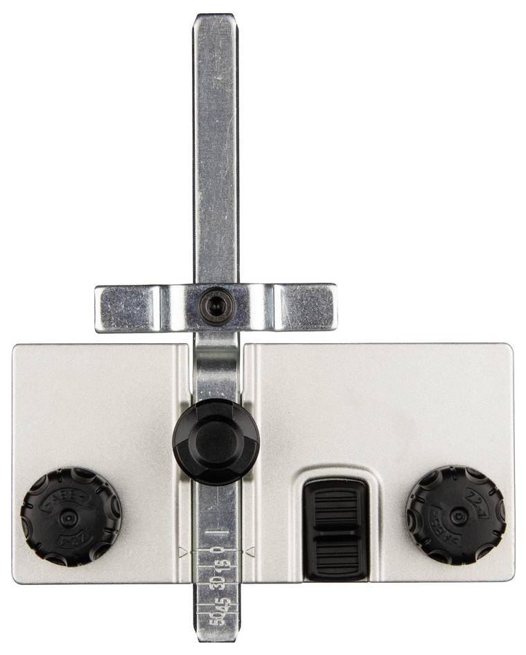 Ein Präzisions-Anreißinstrument mit einem Metalllineal und verstellbaren Knöpfen, das in der Holzbearbeitung zum genauen Messen und Anreißen von Linien auf Oberflächen verwendet wird.