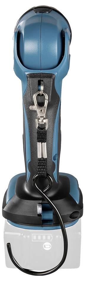 Ein tragbares Elektrowerkzeug mit schwarz-blauem Design, von hinten gezeigt, angeschlossen an einen Akkupack.