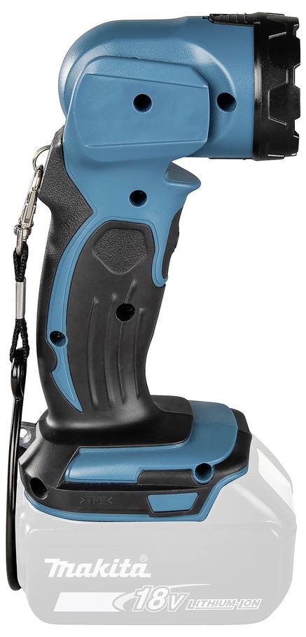 Eine tragbare blaue und schwarze kabellose Taschenlampe mit gummiertem Griff, mit der Aufschrift "Makita 18V Li-Ion", die einen Haken und ein Batteriefach zeigt.