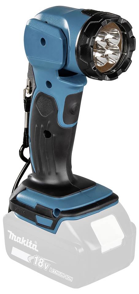 Eine kabellose Handtaschenlampe mit schwarzem Griff, blauem Gehäuse und mehreren LED-Lampen. Sie verwendet einen 18V wiederaufladbaren Akku.