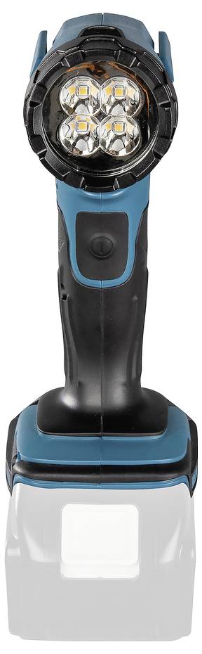Eine kabellose LED-Arbeitsleuchte mit einem schwarz-blauen Griff, ausgestattet mit vier LED-Glühbirnen und einem Akkupack an der Basis.