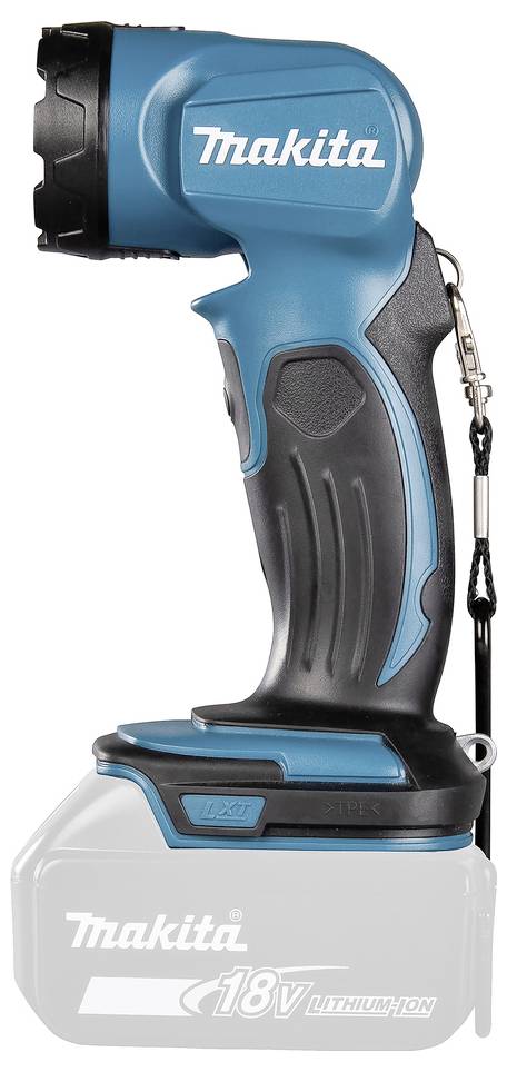 Ein blau-schwarzer Makita Akku-Handstrahler mit angesetztem 18V-Lithium-Ionen-Akku, Frontansicht des Geräts.