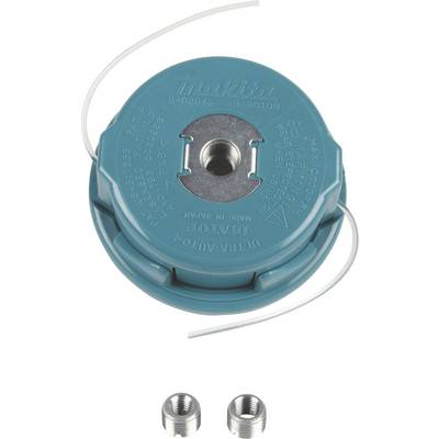 Ein blauer Makita Fadenkopf mit zwei herausragenden Nylonfäden, gezeigt mit zwei metallenen Adaptern darunter.