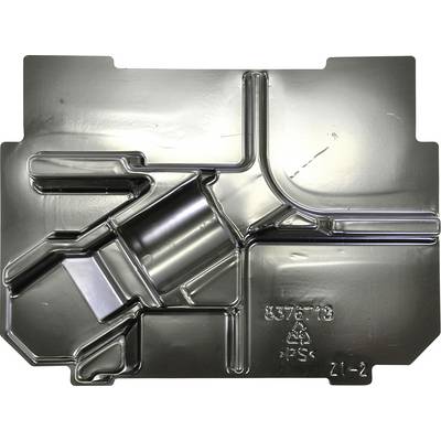 Metallisches Formteil, rechteckig mit mehreren erhabenen Linien und Vertiefungen, zeigt Prägungen und Recycling-Symbol.