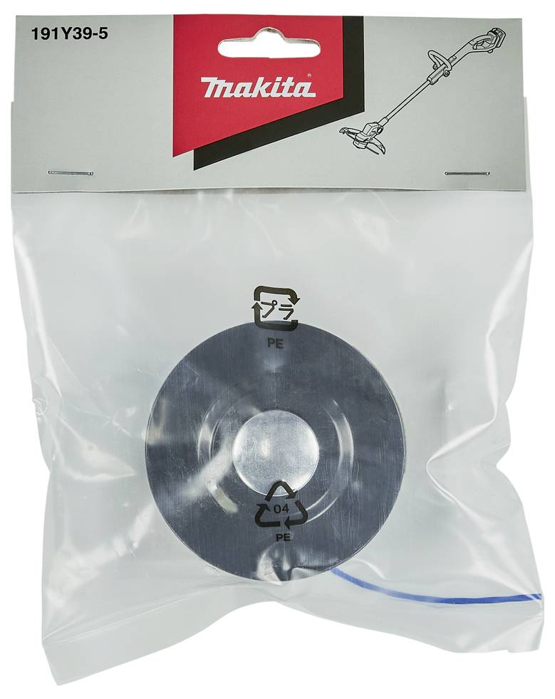 Makita verpacktes Trimmermesser-Zubehör, Modell 191Y39-5, in einer durchsichtigen Kunststofftasche mit Produktabbildung gezeigt.