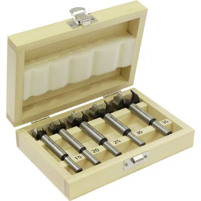 Holzkasten mit fünf Forstnerbohrern verschiedener Größen (15 bis 35 mm), aufgereiht auf Schaumstoff, in einer offenen Verpackung.