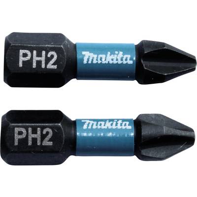 Zwei schwarze PH2-Schraubendreher-Bits mit blauen Makita-Logos auf den Schäften, horizontal angeordnet.