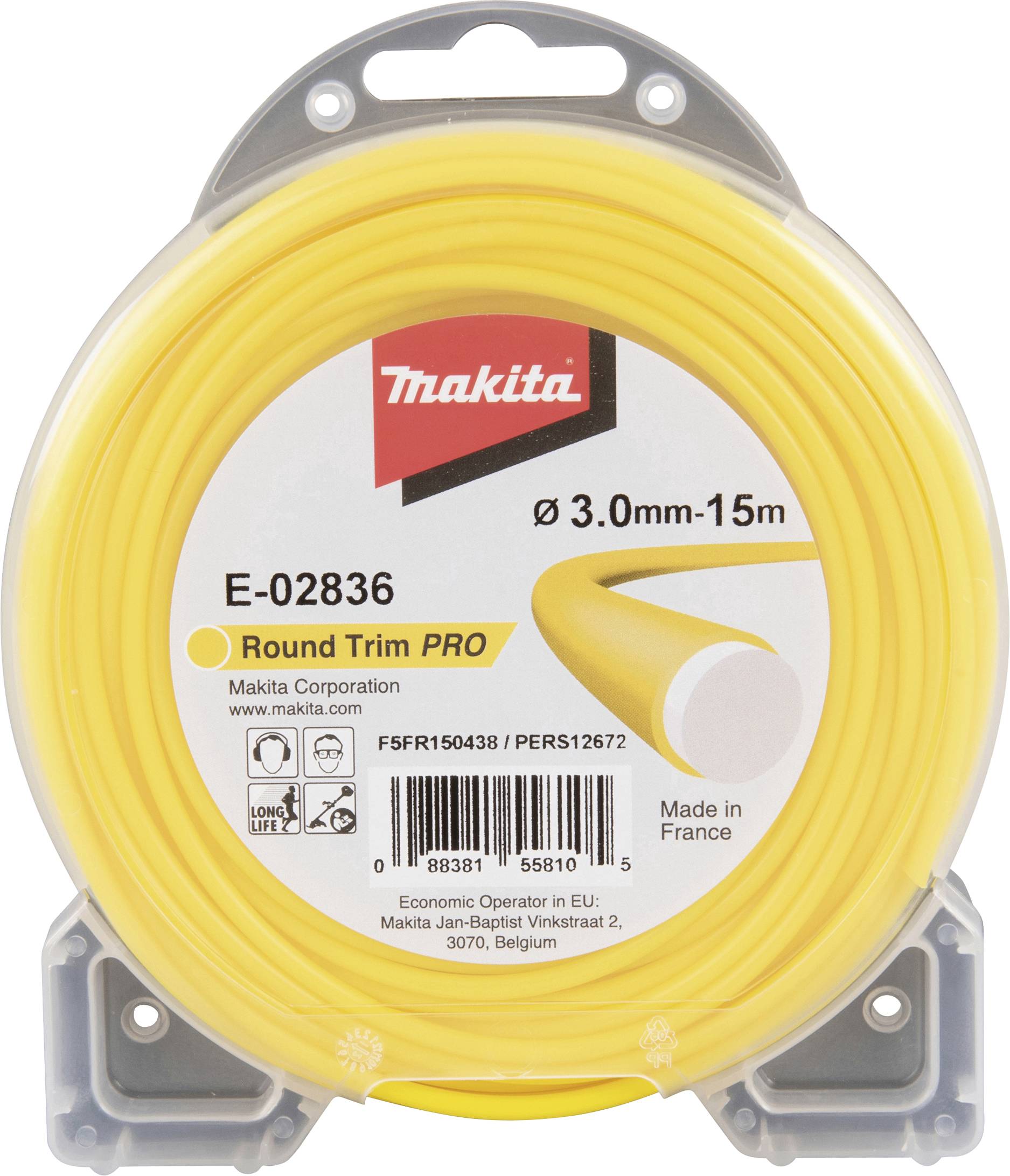 Gelbe Ersatzspule für Rasentrimmer 'Makita Round Trim PRO', 3,0 mm x 15 m, mit Herstellerangaben und Symbolen für Anwendungsbereiche.
