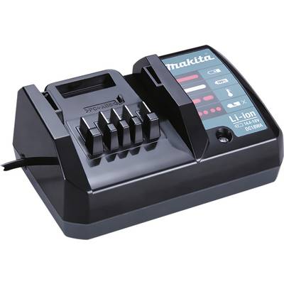 Schwarz-graues Makita-Ladegerät für Li-Ion-Akkus, Modell DC18WA, mit Anschlusskabel, LED-Anzeige und Bedienfeld.