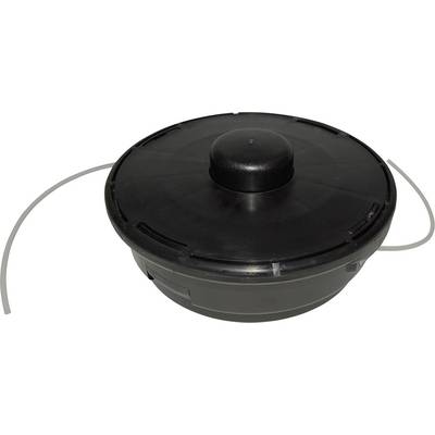 Eine schwarze, runde Fadenkassette für einen Rasentrimmer. Sie ist flach mit zwei herausragenden Fäden zur Grasbeschneidung.