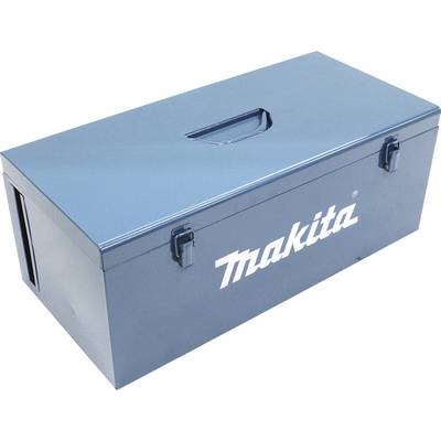 Blaue Werkzeugkiste mit Tragegriff und Aufschrift 'Makita' in Weiß, geschlossen.