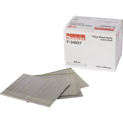 'Makita F-34027 16Ga Brad Nails Galvanized, 64mm, QTY 2,000 pcs'. Abgebildet sind zwei Stapel verzinkter Nägel vor der Verpackung.