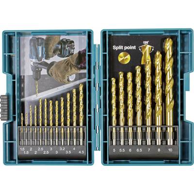 'Bohrer-Set in offener blauer Box, 19 goldene Bohrer in verschiedenen Größen, 1,5 bis 10 mm, neben Foto eines Bohrers im Einsatz.'