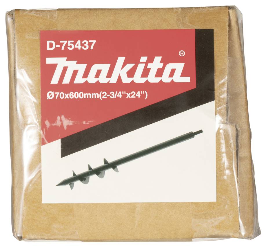 Ein verpacktes Makita-Schneckenbohrer-Set mit der Bezeichnung „D-75437" und „Ø70x600mm (2-3/4"x24")", das den langen Bohrer auf der Vorderseite zeigt.