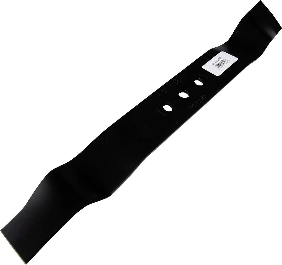 Ein schwarzes Rasenmähermesser mit drei Löchern in der Mitte.