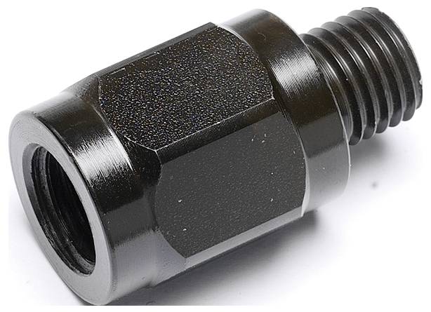 Ein schwarz glänzender Adapter mit einem Außengewinde an einem Ende und einem Innensechskantanschluss am anderen Ende.