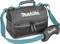 Schwarze Werkzeugtasche mit dem Logo 'Makita' in Weiß, verfügt über einen blauen Tragegurt und Reißverschlüsse vorne.