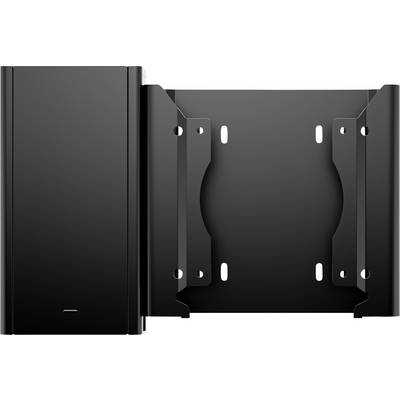 Schwarze Wandhalterung, konzipiert zum sicheren Halten eines Geräts, mit Schlitzen und Löchern für flexible Befestigungsmöglichkeiten.