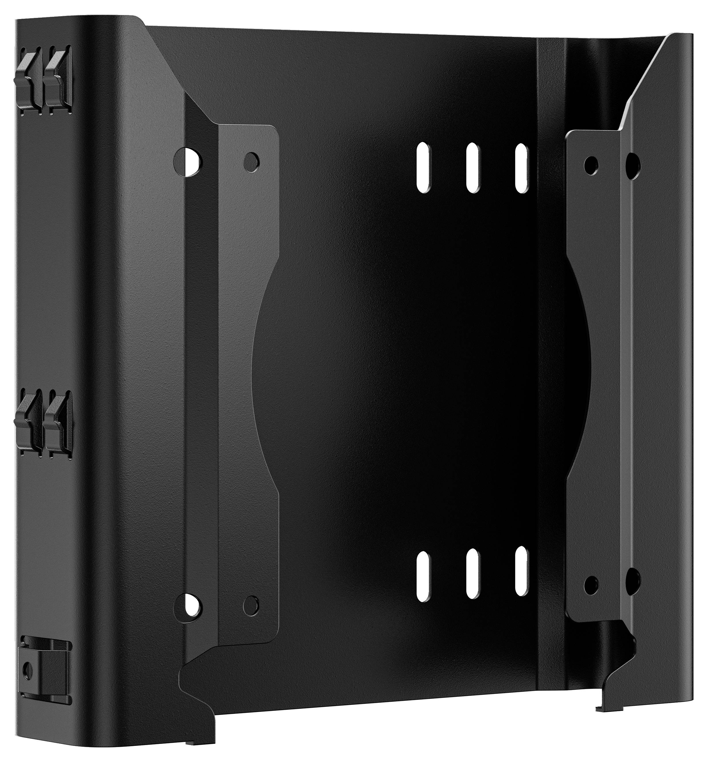 Eine schwarze, rechteckige Metallhalterung mit Befestigungslöchern und abgewinkelten Seiten, die zum Sichern von Ausrüstung oder Geräten an einer flachen Oberfläche verwendet wird.