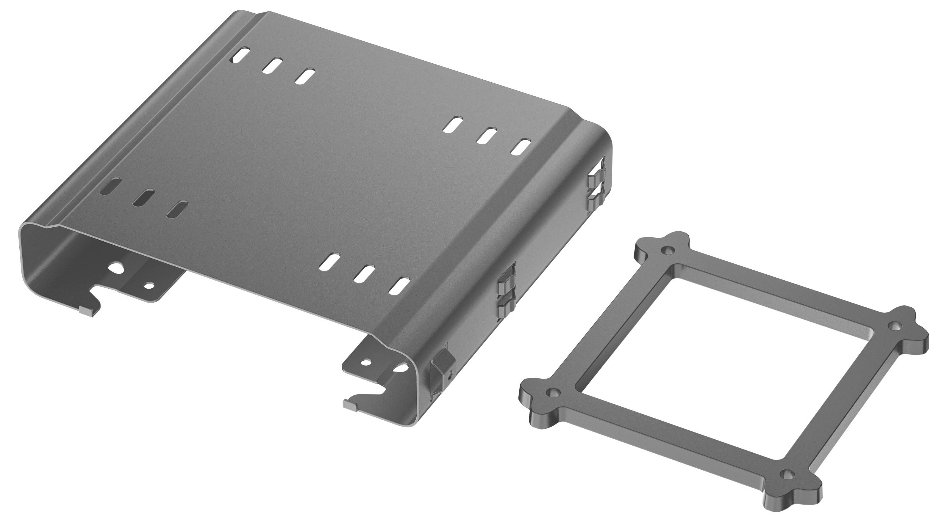 Eine Metallhalterung und ein quadratischer Rahmen, nebeneinander dargestellt. Die Halterung weist mehrere Schlitze und Öffnungen auf, die für die Hardwaremontage geeignet sind.