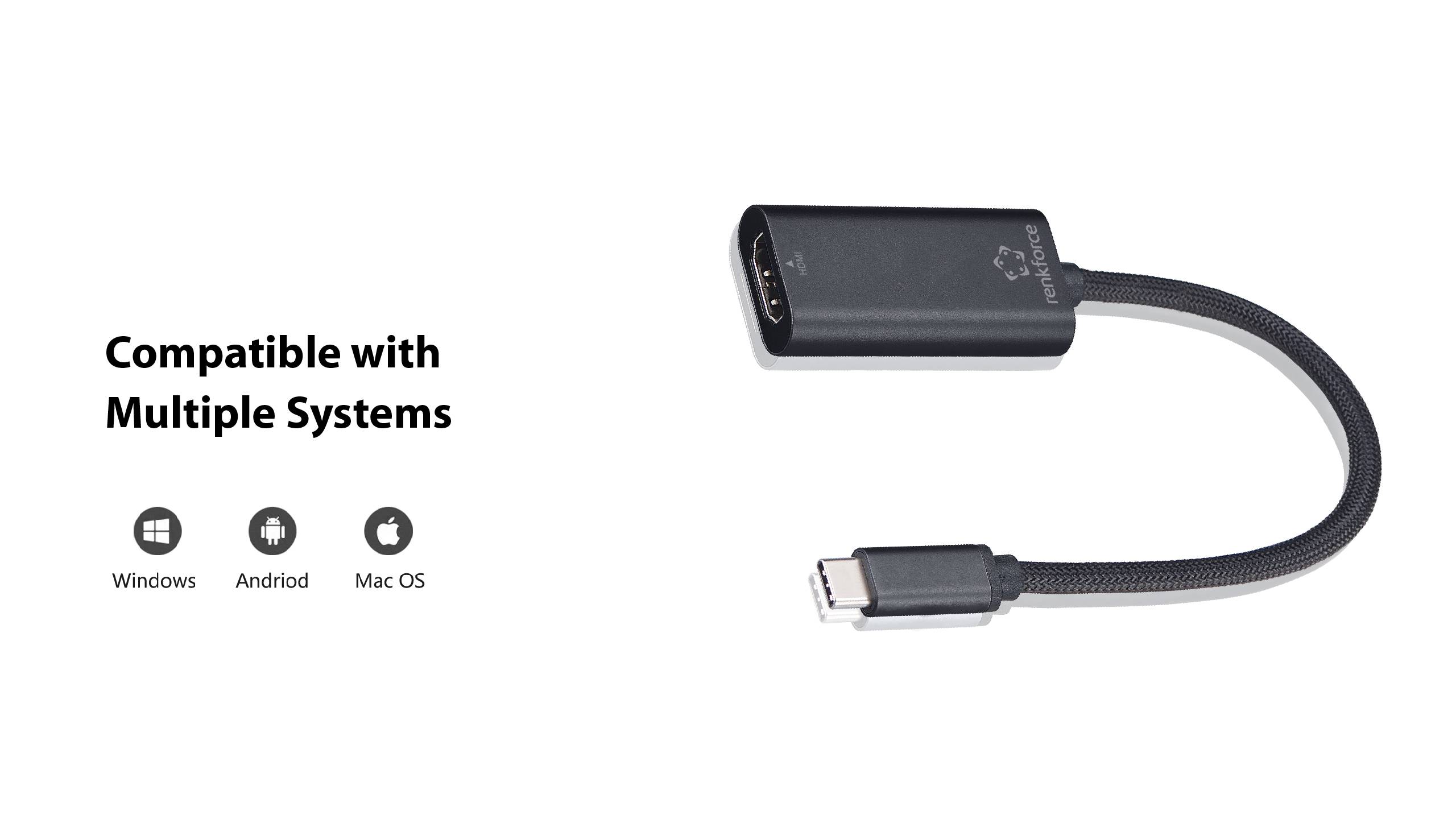 Ein USB-C zu HDMI Adapter. Text lautet: 'Kompatibel mit verschiedenen Systemen.' Icons für Windows, Android und Mac OS dargestellt.