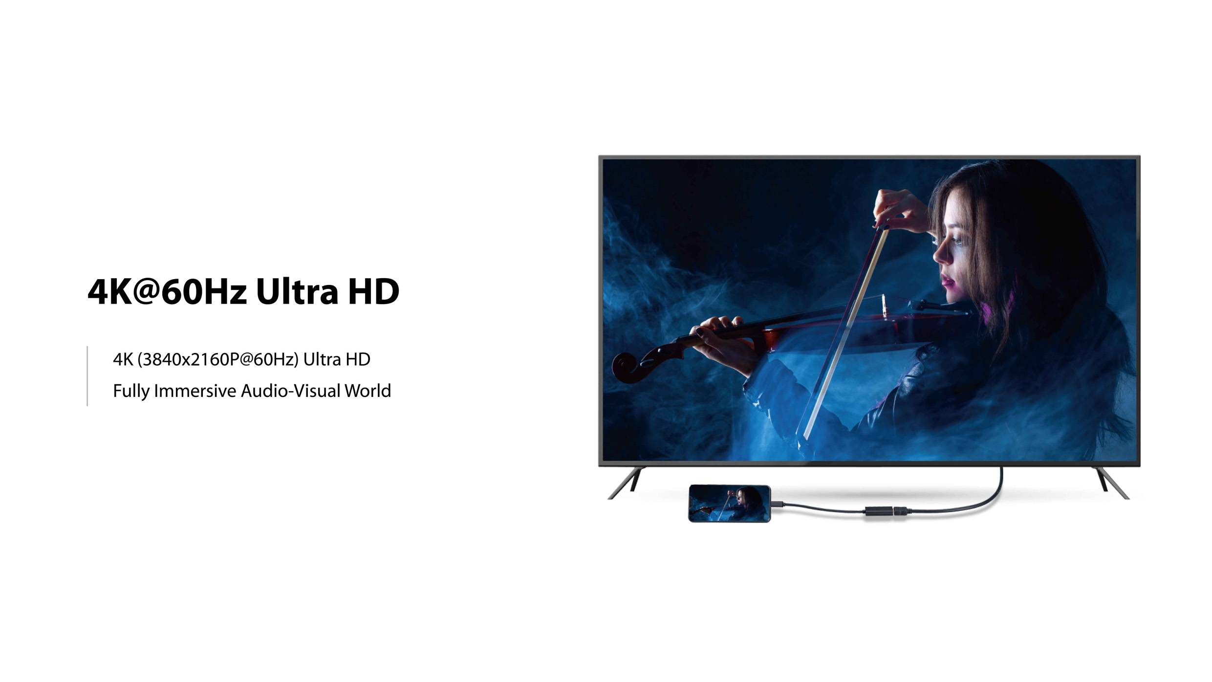 Fernseher zeigt Geigerin mit dunklem Hintergrund. Text links: '4K@60Hz Ultra HD, 4K (3840x2160@60Hz), Fully Immersive Audio-Visual World'.