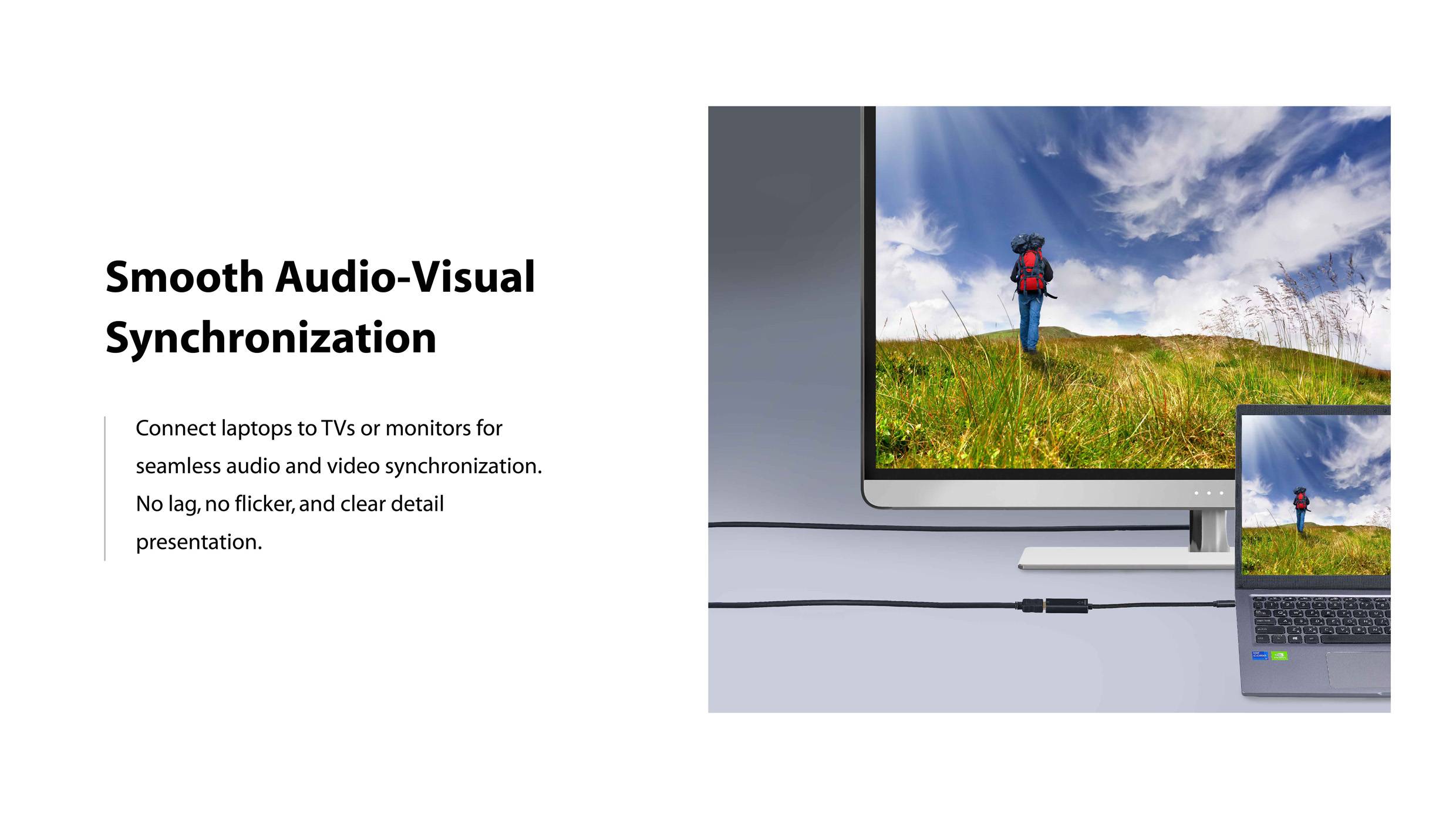 Auf einem Monitor und Laptop wird dasselbe Bild einer Person in einer grünen Wiese unter blauem Himmel gezeigt. Links steht: 'Smooth Audio-Visual Synchronization'.