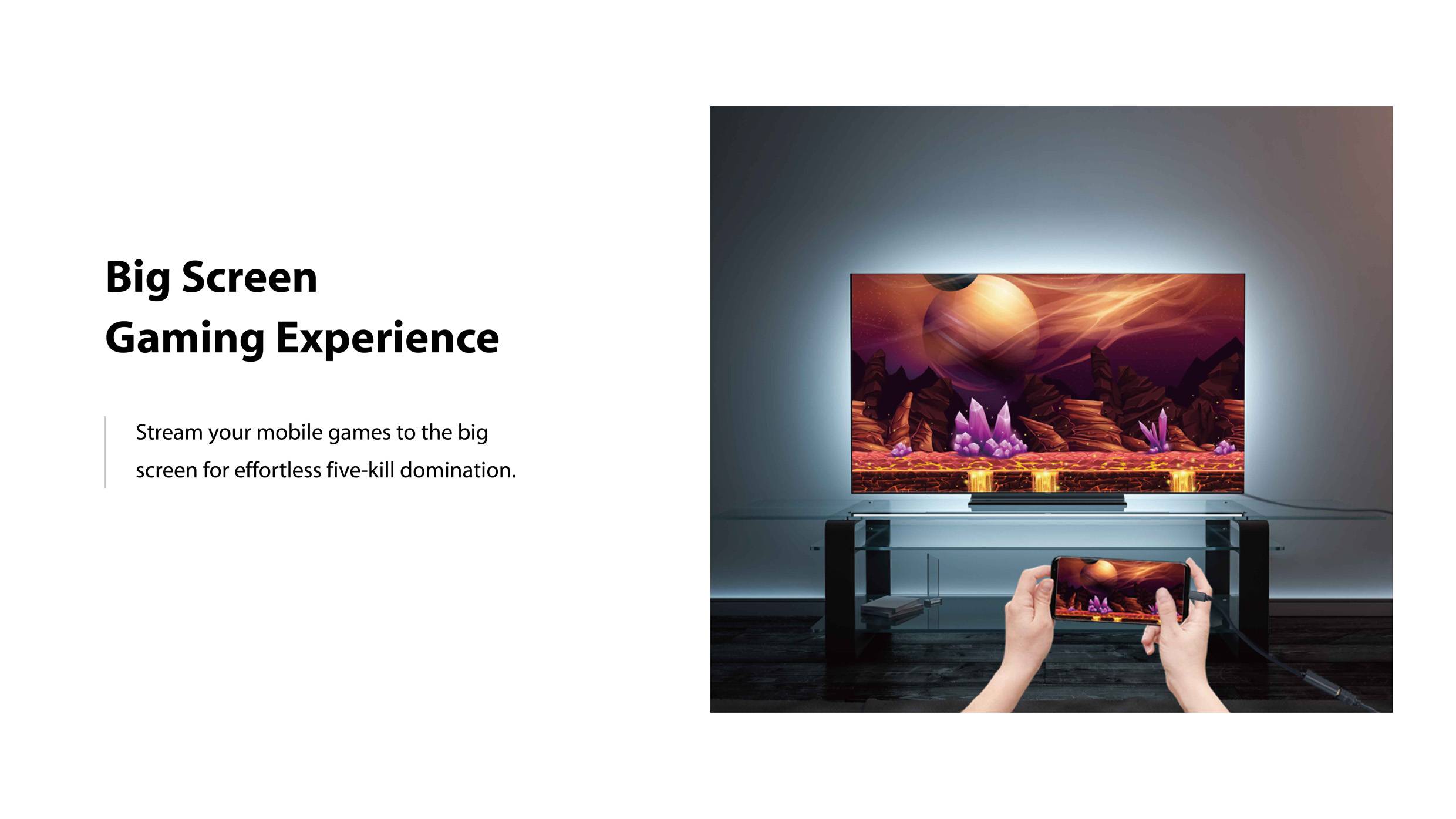 Ein Fernseher zeigt ein Videospiel mit einer Konsole und Händen im Vordergrund. Text links: 'Big Screen Gaming Experience'.