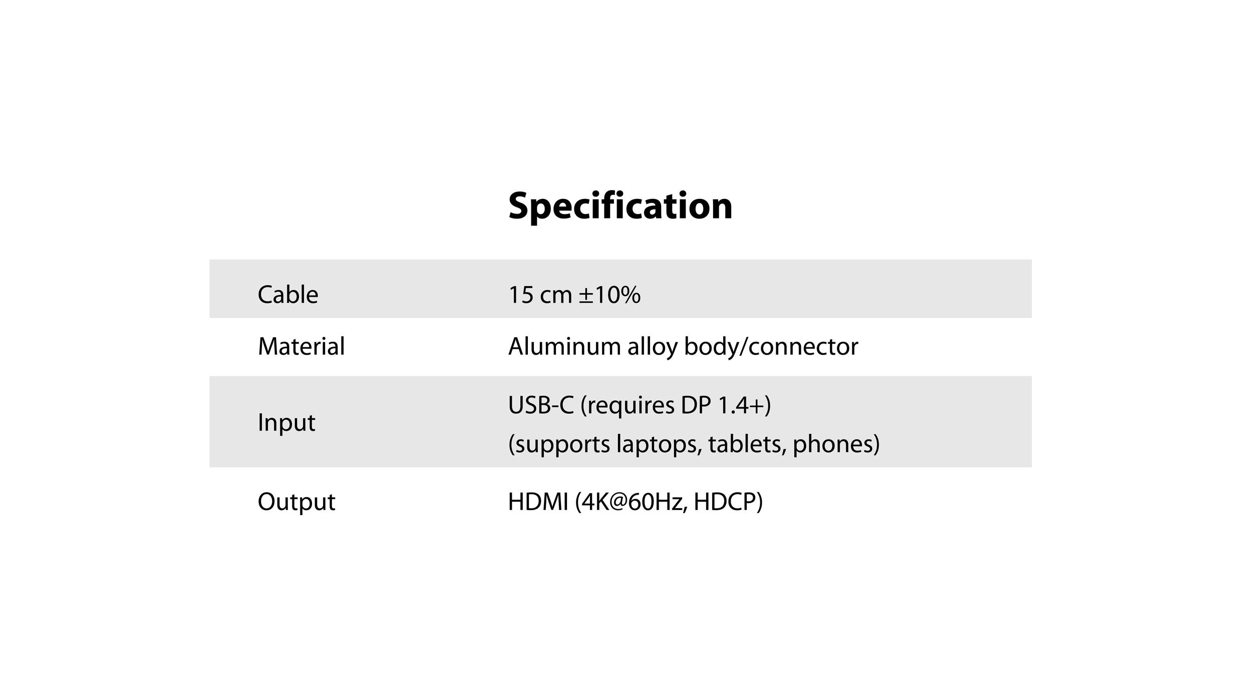 'Specification'-Tabelle mit Informationen zu Kabel, Material, Eingang und Ausgang: Kabel ist 15 cm ±10%, Material Aluminiumlegierung, Eingang USB-C, Ausgang HDMI (4K@60Hz, HDCP).