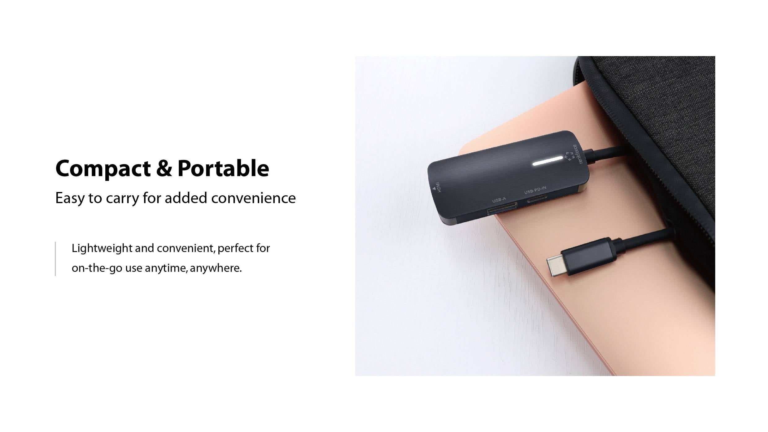 Ein kompakter, tragbarer USB-C-Adapter ist zu sehen, der an einen Laptop angeschlossen ist und sein leichtes Design für einfache Mobilität hervorhebt.