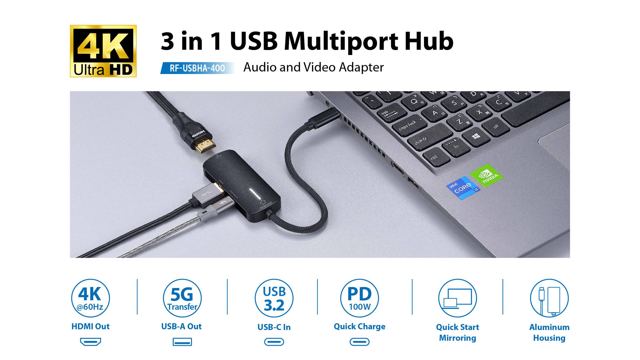 '3-in-1 USB Multiport Hub' Bild zeigt einen Hub, der an einen Laptop angeschlossen ist, mit HDMI, USB-A, USB-C, PD 100W und mehr.